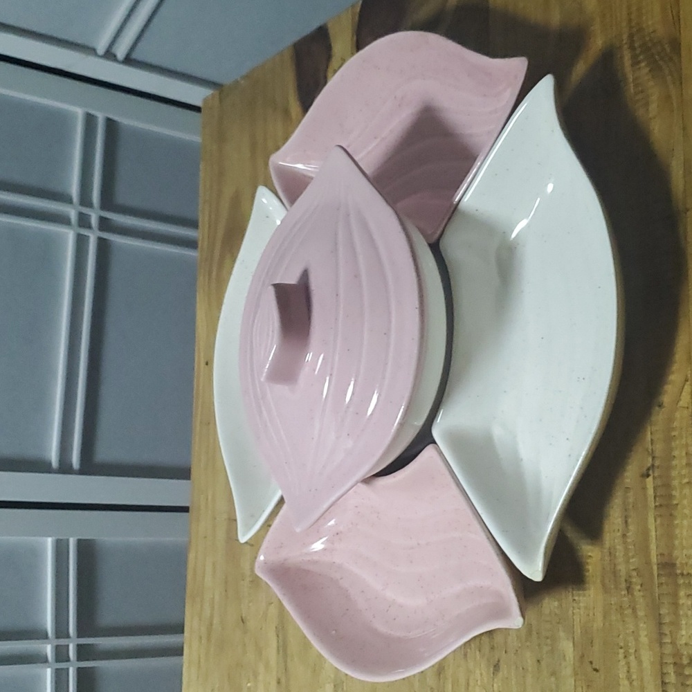 Vintage California Pottery Pink Ivory Condiment Set